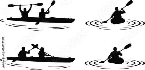 Kayaking canoe silhouettes paddling on water showing outdoor adventure sport teamwork isolated white background illustration recreation concept leisure summer activity