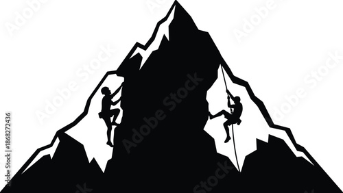 Mountain climbers silhouette teamwork ascent, extreme adventure challenge, leadership success concept, outdoor mountaineering effort, black white illustration, minimal vector design