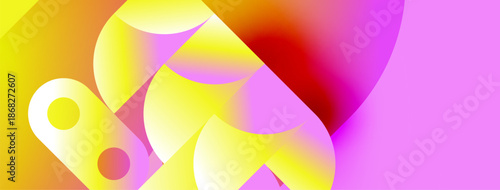 Abstract vibrant shapes blend, creating warm color gradients. Yellows, oranges, pinks dominate composition. Fluidity suggests movement, energy.