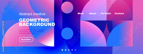 Vibrant geometric website header. Modern design features overlapping circles, text, navigation menu. Purple, blue hues dominate composition.