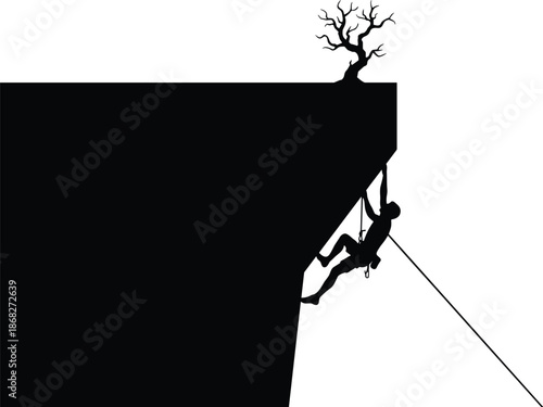 Rock climber silhouette descending cliff edge, risk courage survival concept, extreme adventure, outdoor challenge, minimal black white illustration design poster