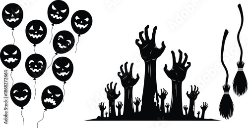 Halloween horror silhouettes collection, scary balloons zombie hands witch broom, spooky party decoration vector illustration isolated black white background