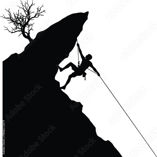 Rock climber silhouette rappelling cliff edge, extreme adventure sport, courage risk concept, outdoor mountaineering, black white illustration design, minimal poster