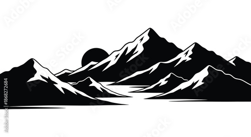 Dramatic mountain range and lake silhouette against a large circular moon