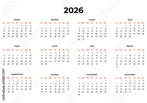 Vector simple black and white calendar in Spanish for 2026