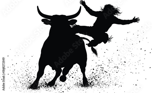 Silhouette bull throwing man in dramatic rodeo action, powerful wildlife aggression, danger motion dust isolated black white background concept illustration