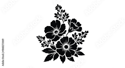 A delicate black and white floral arrangement with leaves and blossoms