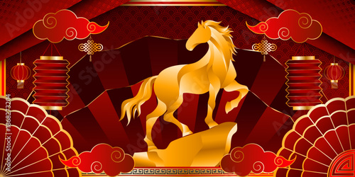 Happy New Year 2026 poster with a majestic golden horse, red lanterns, and Chinese elements. Festive zodiac design for celebrations and greetings