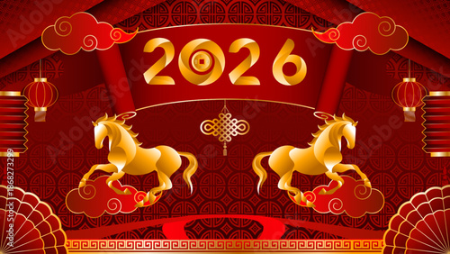 Happy New Year 2026 poster with a majestic golden horse, red lanterns, and Chinese elements. Festive zodiac design for celebrations and greetings