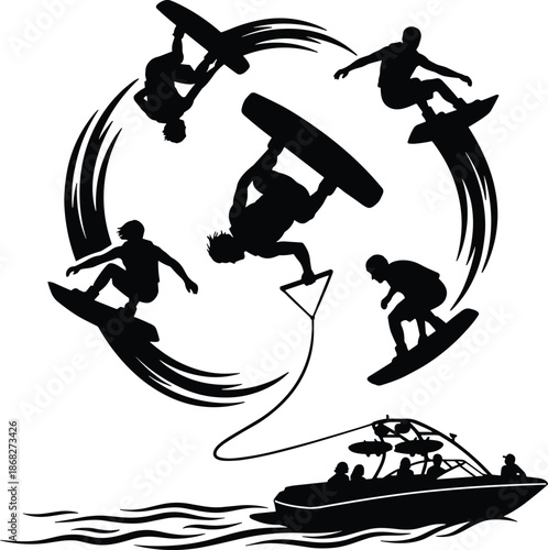 Wakeboarding silhouette circle trick sequence, extreme water sport action, dynamic motion, boat tow stunts, adrenaline energy, black white illustration concept