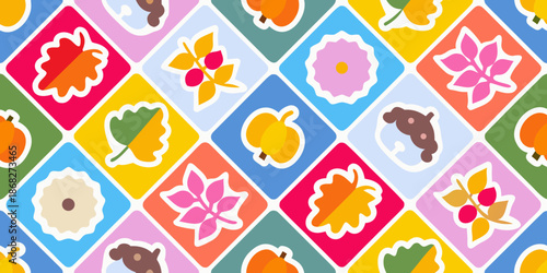 A colorful repeating pattern of floral and fruit shapes on diamond backgrounds