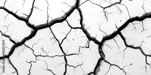 A high-angle view of dry cracked soil creates a natural brown texture across the barren desert land, revealing an arid pattern of clay and mud caused by extreme heat and drought in the environment