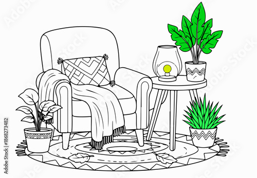 Cozy Autumn Home Elements Coloring Book Set – Lamp, Armchair, Plants and Rug Line Art Vector