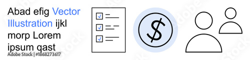 Financial planning, budgeting tools, team collaboration, monetary management, economic concepts, organization. Checklist, dollar symbol user icons. Financial planning and budgeting tools concept