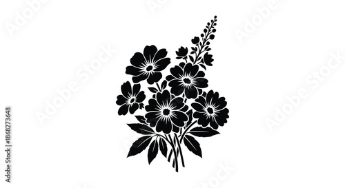 Delicate black silhouette of blooming flowers and leafy stems