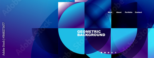 Abstract geometric design. Vibrant blue, purple hues dominate composition. Text reads Geometric Background, navigation visible.