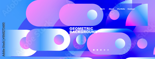 Abstract geometric background. Vibrant blue, pink hues dominate design. Text includes work, about, portfolio, contact options. Modern aesthetic.