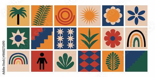 A vibrant collection of retro mid century modern abstract pattern tiles