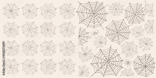 A collection of detailed spiderwebs on a neutral lightly textured background