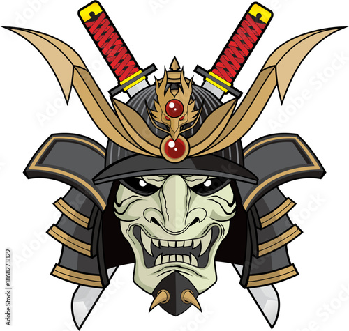 Japanese Samurai Kabuto Helmet with Hannya Mask and Crossed Katana Swords Samurai Mask Vector Set Free ...