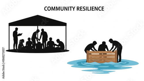 Community resilience concept people working together under shelter and on a raft during a flood vector illustration