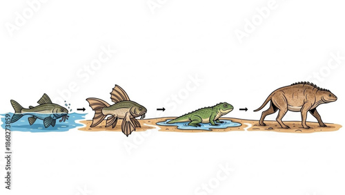 Illustration of fish evolving into a land mammal showing evolutionary stages from water to land concept of adaptation and c