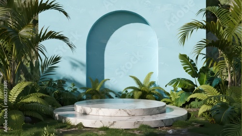 A marble product display stand in front of an arched background surrounded by fresh green plants, suitable for e-commerce product display scenarios.
