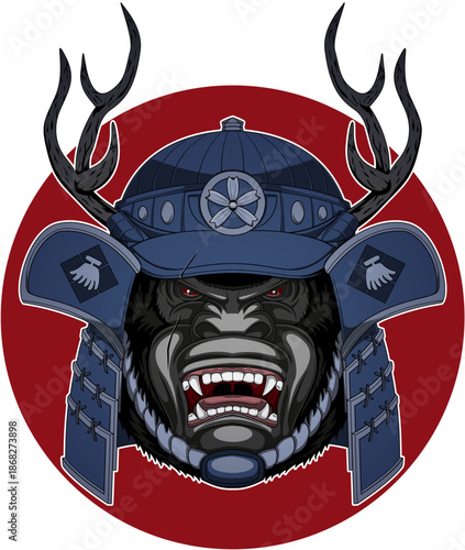 Angry Gorilla Samurai Mascot Wearing Kabuto Helmet with Antlers and Red Sun Samurai Mask Vector Set Free ...