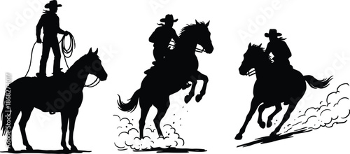 Western cowboy silhouette riding horse, rodeo action sequence, ranch lifestyle, equestrian motion, dust drama, black white illustration art concept design