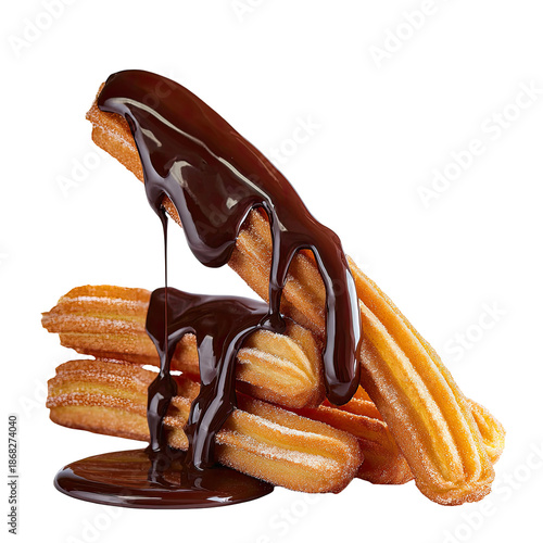 Stack of churros drizzled with rich, dark chocolate sauce on a black backdrop