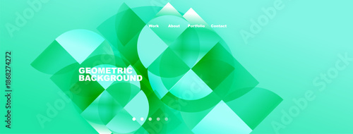 Abstract geometric background. Vibrant green hues blend, creating modern design. Navigation links present top right corner.