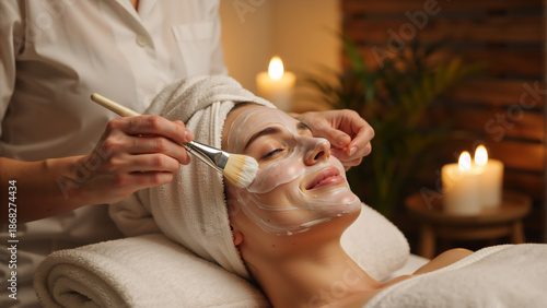 Woman enjoying a relaxing facial treatment at a luxury spa. A beautician applies a cosmetic face mask with a brush for a professional skincare procedure