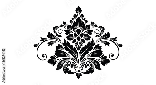Elegant black floral ornament with swirling leaves and detailed symmetrical design