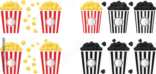 Popcorn Bucket Icon Set with Yellow and Black Popcorn Cinema Snack Vector