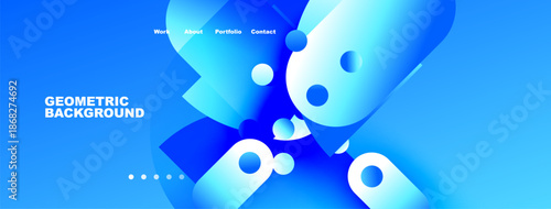 Bright blue abstract design. Bubbles, shapes create dynamic visual. Menu options present work, about, portfolio, contact. Geometric background visible.
