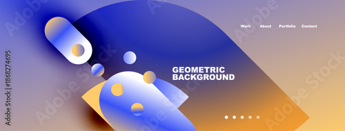 Abstract blue shapes float over gradient background. Text reads Geometric Background with navigation options visible. Modern design elements present.