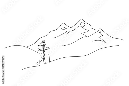 Solitary Winter Trek. Silent winter mountains hiking. Minimalistic one-line drawing quiet winter mountain