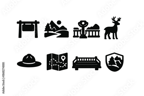 National Parks Icons. National Parks. Filled icon set of National Parks: park entrance sign, protected