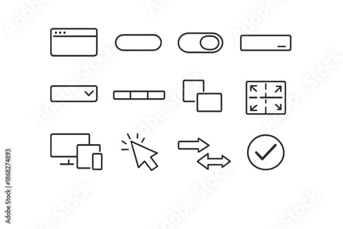 UI Design Icon Set. UI Design. Line outline icon set of ui design: interface window, button component, toggle