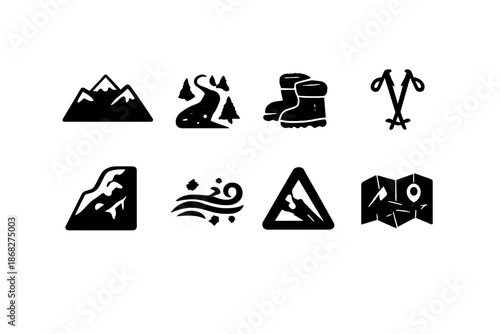 Snowy Mountain Icons. Snowy Mountains. Filled icon set of Snowy Mountains: snow capped peak, winter trail,