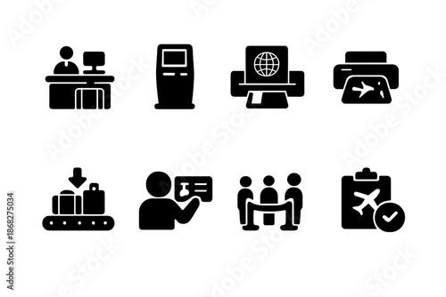 Airport Check-In Icons. Airport Check In. Filled icon set of Airport Check In: check in counter, self service