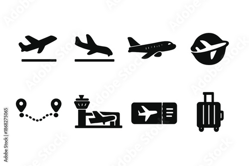 Airlines Icon Set. Flights & Airlines. Filled icon set of Flights & Airlines: airplane takeoff, airplane