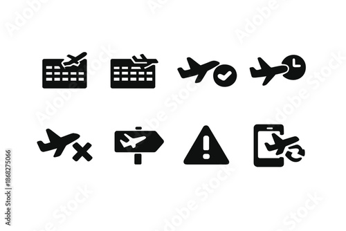 Flight Status Icons. Flight Status. Filled icon set of Flight Status: departure board, arrival board, on time