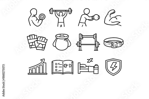 Strength Lifestyle Icons. Strength Lifestyle. Line outline icon set of strength lifestyle: dumbbell curl,