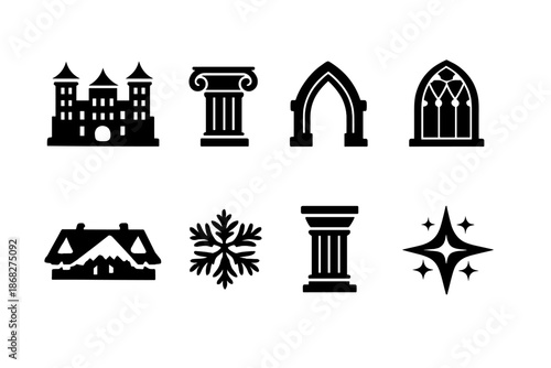 Winter Symmetry Icons. Winter symmetry in architecture. Filled icon set of winter symmetry in architecture: