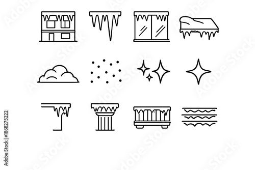 Modern Winter Icon Set. Modern icicle winter set. Line outline icon set of Modern icicle winter set: building
