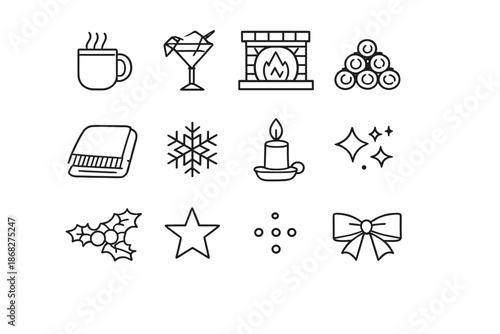 Cozy Winter Icons. Winter fireplace drink flat-lay. Line outline icon set of Winter fireplace drink flat-lay: