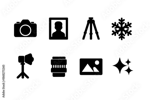 Black-and-White Icon Grid. Black-and-white photography flat-lay. Filled icon set of black-and-white