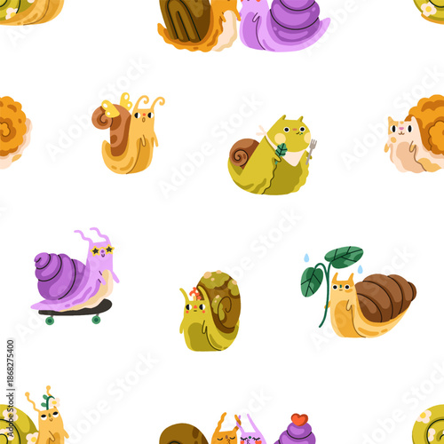 Cute snails, seamless pattern. Funny slow animals, garden slugs, endless back...