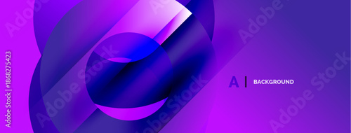Abstract purple design features overlapping circles, gradients, dynamic composition. Modern aesthetic, vibrant colors, smooth transitions.